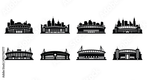 Black silhouettes of various stadiums and arenas in a linear arrangement