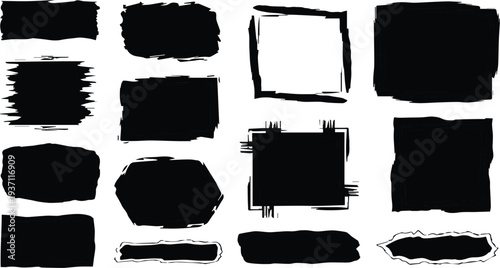 Collection of black rectangular brush strokes on white background for graphic design