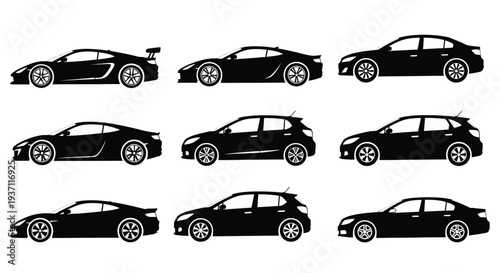 Silhouettes of various modern car models in a graphic arrangement