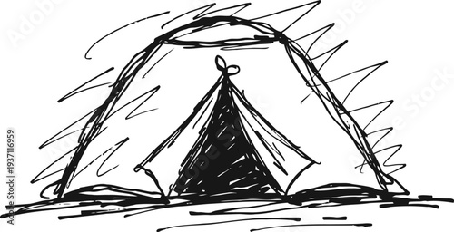 Hand drawn camping tent sketch with rough lines and simple black ink illustration