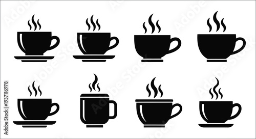 Eight black silhouettes of coffee cups with rising steam patterns