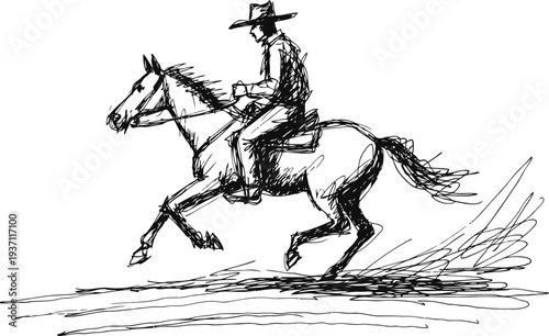 Cowboy riding horse galloping fast in wild west landscape sketch drawing