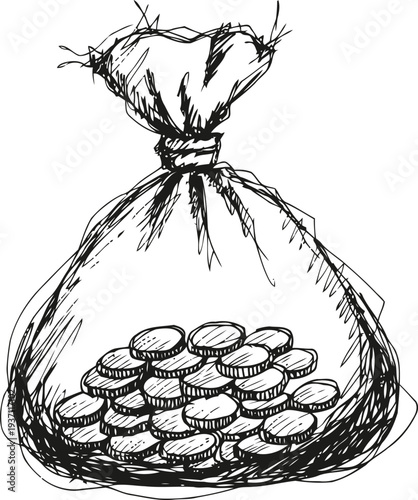Money bag with stacked coins inside hand drawn sketch of currency savings, wealth and finance concept