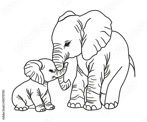 Adorable elephant mom hugging baby elephant illustration for Mother’s Day. Ideal for greeting cards, kids designs, stickers, scrapbooking, and apparel prints.