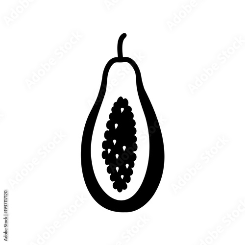 Isolated silhouette of a halved papaya fruit with numerous seeds inside