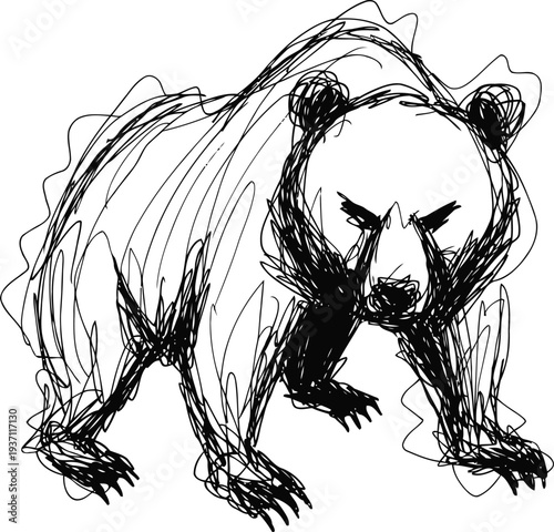 bear sketch drawing with dynamic scribble lines, wild animal illustration, fierce and strong bear pose