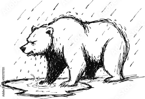 Bear standing in the rain by a puddle with a somber expression hand drawn black and white sketch