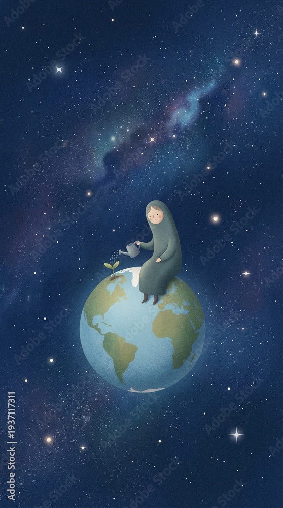 Fototapeta premium Cartoon character nurturing a plant while sitting on Earth in space 