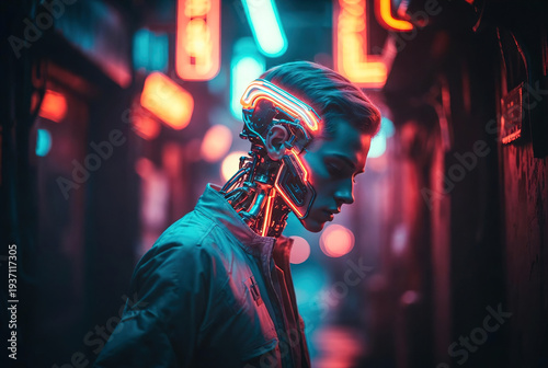 Profile of a man with glowing cybernetic circuits on his neck in a neon city. Futuristic science fiction photography for transhumanism and cyberpunk concepts.