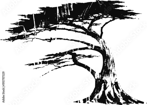 abstract black ink tree silhouette with twisted branches and textured bark on white background