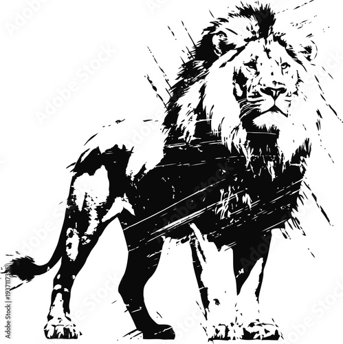 Powerful lion standing with bold mane and fierce expression in black and white artistic