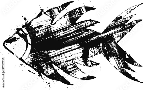 abstract black fish silhouette with rough brush stroke texture on white background