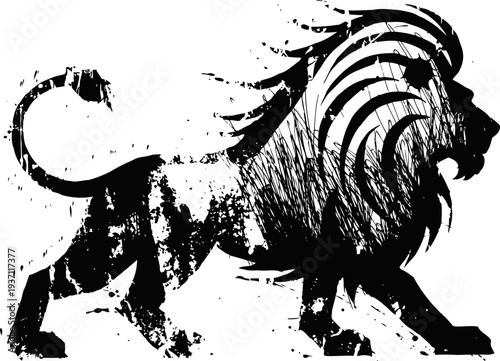black silhouette of a roaring lion with mane in vintage grunge illustration