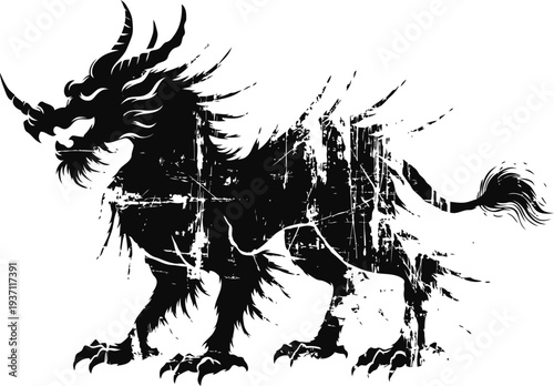 black silhouette mythical dragon creature with sharp claws and fierce expression in grunge