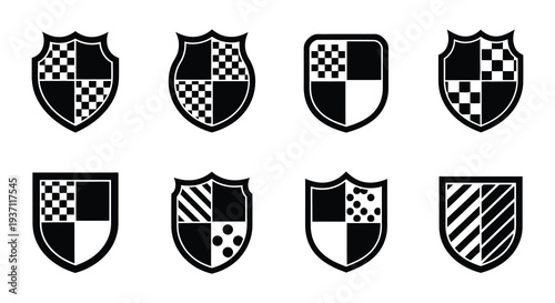 A collection of black and white heraldic shields with varied patterns