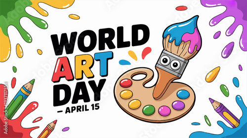 World art day banner with colorful paintbrush palette and vibrant splatters on april 15