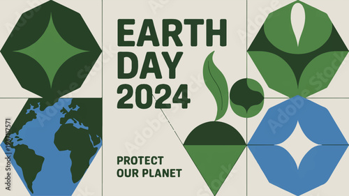 Earth day 2024 poster with green earth and leaves symbolizing environmental protection and sustainability in a modern minimalist design