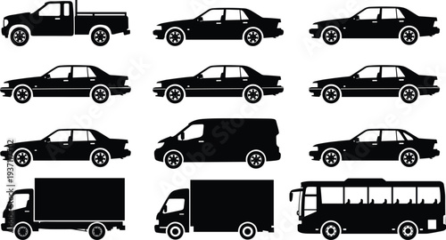 Black vector silhouette collection of various transport vehicles including sedan cars delivery trucks bus and van isolated on white background for urban traffic design