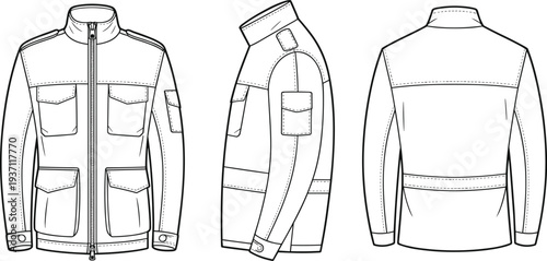 A detailed line of a jacket with multiple pockets and a zipper front in three different views line front view