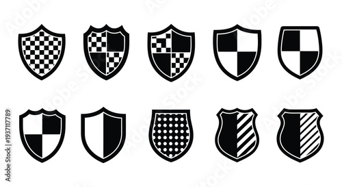 A collection of black and white heraldic shields with varied patterns