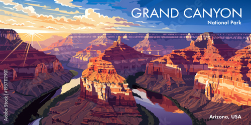 Grand Canyon Sunrise Canyon Panorama – USA | United States Glowing Orange Cliffs, Epic Aerial Perspective & Cinematic Travel Poster Landscape