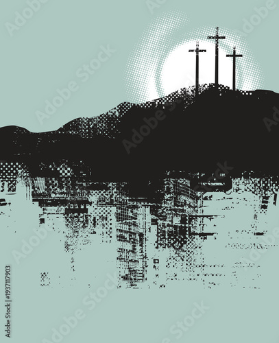 Vector easter banner or icon on Christian theme with three crosses on the hill Calvary on sundown on scratched background in grunge style. No ai