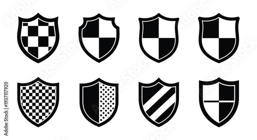 A collection of black and white heraldic shields with varied patterns