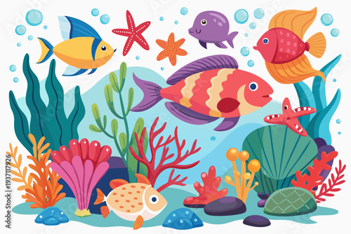 A delightful and brightly colored illustration captures an abundant coral reef scene, filled with numerous colorful fish swimming alongside starfish and lush underwater plants.
