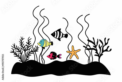 An intriguing black and white outline illustration, accented with color, portrays an aquatic environment featuring various tropical fish, a starfish, and swaying seaweed.