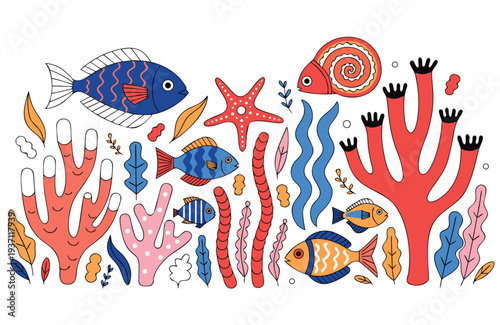A vibrant, colorful illustration displays an abundant underwater landscape, populated by tropical fish, intricate corals, starfish, and seaweed, creating a bustling marine ecosystem.