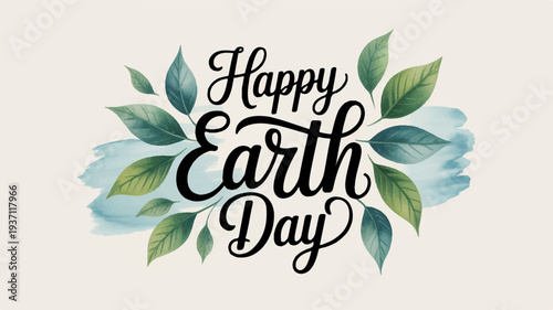 Happy earth day eco friendly greeting with green leaves on beige background celebrating environmental awareness