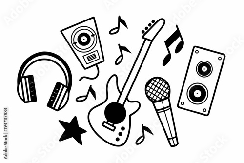 A clean black and white outline illustration featuring an electric guitar, microphone, headphones, two studio speakers, and musical notes arranged simply.