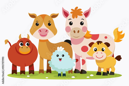 An adorable group of four cute baby farm animals: a calf, a lamb, a foal, and a fluffy chick, standing on green grass with happy faces.