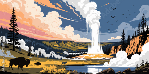 Yellowstone National Park Geyser Eruption Landscape Panorama – USA | United States Dramatic Steam Clouds, Wildlife Silhouettes & Iconic Geothermal Wilderness