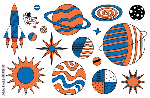 An engaging assortment of space-themed illustrations featuring planets, stars, a rocket, and an astronaut, rendered in an orange and blue color scheme.