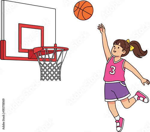 Young girl in pink jersey shooting basketball into hoop representing youth sports active lifestyle childhood fitness and athletic competition