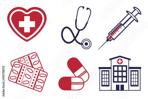 A modern compilation of essential medical icons, including heart, stethoscope, syringe, hospital, and pills, presented in a clean, flat red and blue design.
