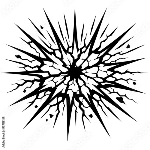 Dynamic black and white vector illustration of a central impact point causing an explosive shattering effect, radiating sharp cracks and fragmented textures, perfect for graphic design, comic book act