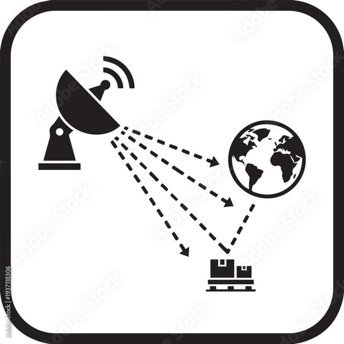 Global satellite tracking and worldwide logistics silhouette icon. Radar dish beaming GPS signal to earth globe and freight cargo boxes isolated