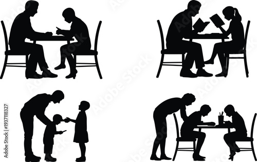 Adult and child silhouettes, tutoring, mentoring, homework help, shared reading, education support, parenting guidance, learning activity, nurturing care, family interaction