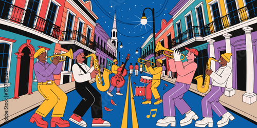 New Orleans French Quarter Colorful Street Jazz Night Panorama – USA | United States Historic Architecture, Neon Glow & Vibrant Louisiana Culture