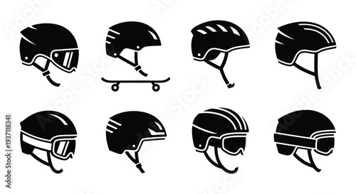 Collection of black and white helmet icons for various sports activities