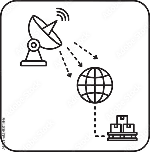 Worldwide logistics tracking and global GPS freight monitoring line icon. Satellite radar dish connecting to earth globe and cargo boxes isolated