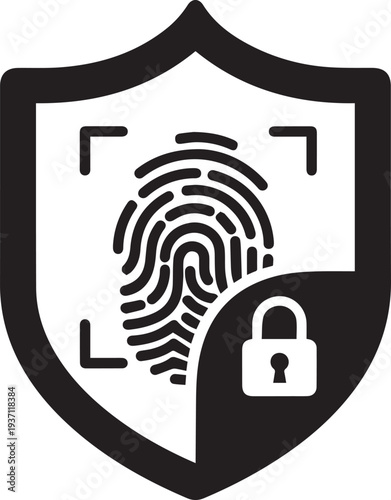 Security shield with biometric fingerprint scan and closed padlock icon isolated. Safe digital identity protection, cyber privacy lock and secure authentication access concept