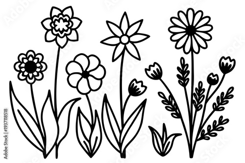 A serene black and white outline illustration displays a collection of various stylized flowers complete with stems and leaves, making it perfect for coloring or simple graphic use.
