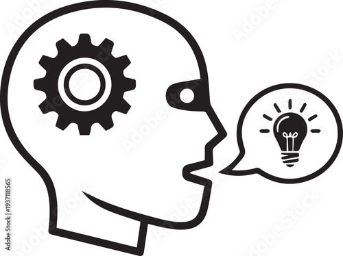 Smart robot head profile with gear and glowing lightbulb idea speech bubble icon isolated. Concept for AI machine learning, creative artificial intelligence and tech innovation