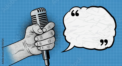 Hand holding microphone with speech bubble and quotation marks.