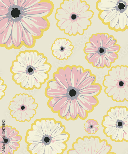 Big flowers pattern, upscale floral pattern. graphical textures floral, trendy colors pattern , flowers background with leaves. vector illustration.
