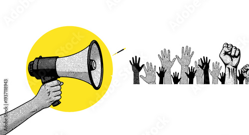 Illustration of a hand holding a megaphone with raised hands in the background.
