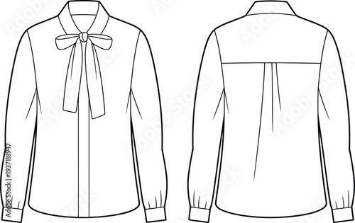 A white blouse with a bow tie and cuffed sleeves shown from the front and back view